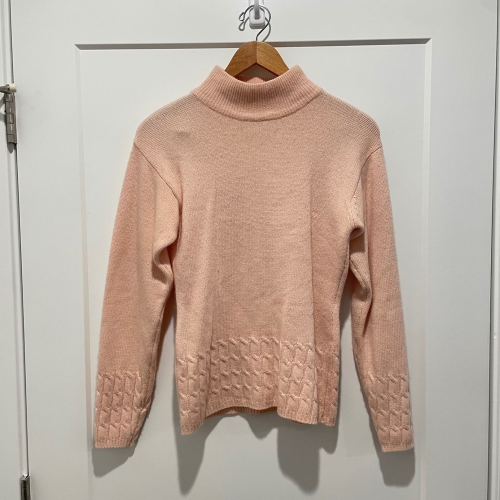 Vintage Bonwit Teller Women Pink 100% Cashmere Mock Neck Cable Knit Sweater Sz S